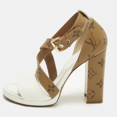 Pre-owned Louis Vuitton Matchmake Size 35 White/brown Monogram Canvas And Leather Ankle Strap Sandals