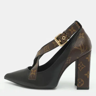 Pre-owned Louis Vuitton Matchmake Size 35.5 Black Monogram Canvas And Leather Cross Pumps In Brown
