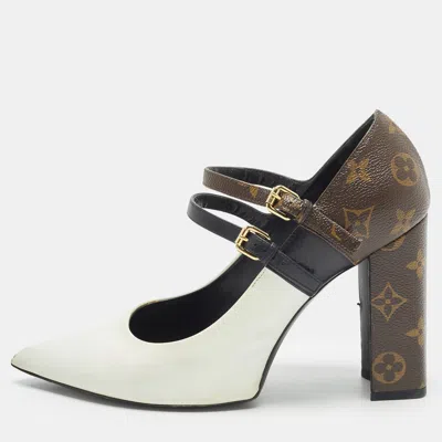 Pre-owned Louis Vuitton Matchmake Size 41 White/brown Monogram Canvas And Leather Block Heel Mary Jane Pumps