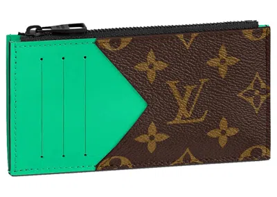 Pre-owned Louis Vuitton Men's  Coin Card Holder Monogram Macassar In Minty Green