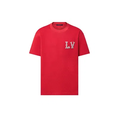 Pre-owned Louis Vuitton Men's  Cotton Pique T-shirt With Embroidered Lv Patch In Bright Red