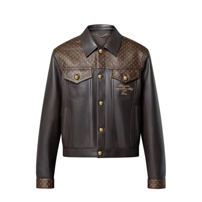 Pre-owned Louis Vuitton Men's  Embellished Leather Trucker Jacket In Dark Brown