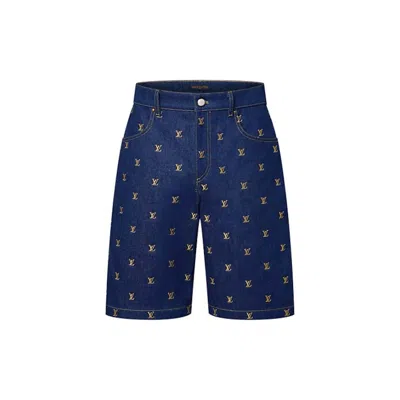 Pre-owned Louis Vuitton Men's  Embroidered Signature Denim Shorts In Indigo In Purple