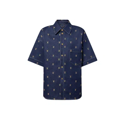 Pre-owned Louis Vuitton Men's  Embroidered Signature Shortsleeved Denim Shirt In Indigo