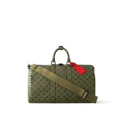 Pre-owned Louis Vuitton Men's  Keepall Bandouliere 45 In Khaki Green/vermilion Red