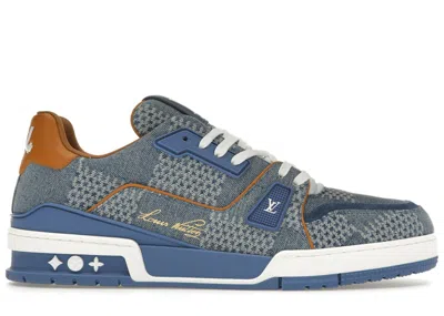 Pre-owned Louis Vuitton Men's  Lv Trainer Damier 3d Denim Sneakers In Darkin Blue/dark Blue/brown In Multi