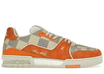 Pre-owned Louis Vuitton Men's  Lv Trainer Damier Sneakers In White/orange In Multi