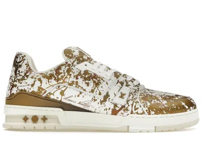 Pre-owned Louis Vuitton Men's  Lv Trainer Lee Quinoñes Lv Trainer In Residence Sneakers In White/gold In Multi