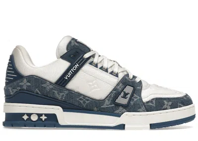Pre-owned Louis Vuitton Men's  Lv Trainer Monogram Denim Sneakers In White/blue