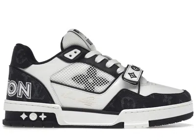 Pre-owned Louis Vuitton Men's  Lv Trainer Velcro Strap Monogram Denim Sneakers In Black/white In Multi