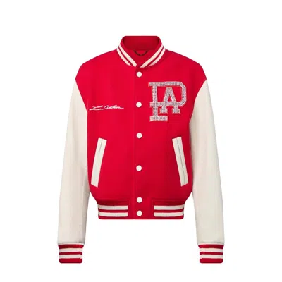 Pre-owned Louis Vuitton Men's  Mix Leather Varsity Blouson Jacket In Bright Red