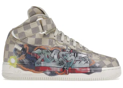 Pre-owned Louis Vuitton Men's  Nike Air Force 1 Mid By Virgil Abloh Graffiti Sneakers In White/damier Print In Multi