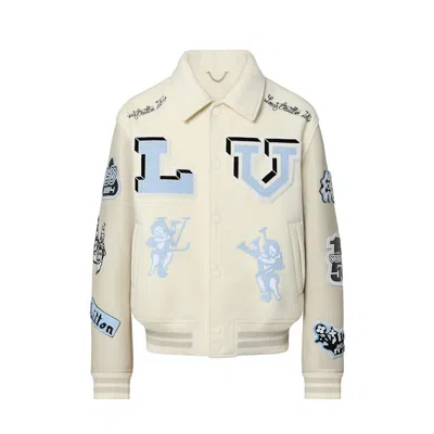 Pre-owned Louis Vuitton Men's  Patches Mixed Leather Varsity Blouson In Milky White