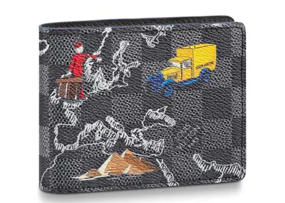 Pre-owned Louis Vuitton Men's  Slender Wallet Damier Graphite Map In Black Lining