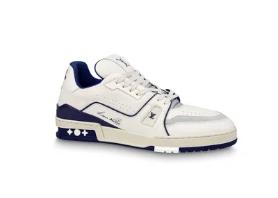 Pre-owned Louis Vuitton Men's  Trainer #54 Signature Marine Sneakers In White/navy Blue/grey In Multi