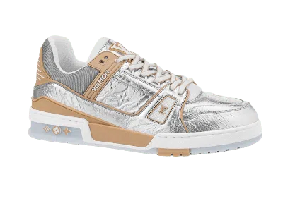Pre-owned Louis Vuitton Men's  Trainer Metallic Sneakers In Silver/beige/white