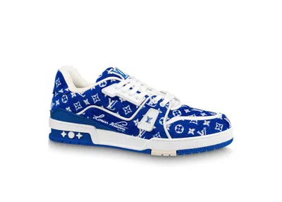 Pre-owned Louis Vuitton Men's  Trainer Monogram Textile Sneakers In Blue/white