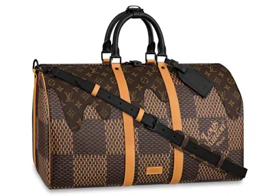 Pre-owned Louis Vuitton Men's  X Nigo Keepall Bandouliere Damier Ebene Giant 50 In Brown