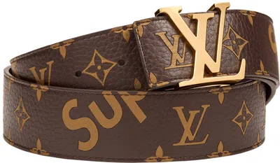 Pre-owned Louis Vuitton Men's  X Supreme Initiales Belt 40 Mm Monogram Brown Gold