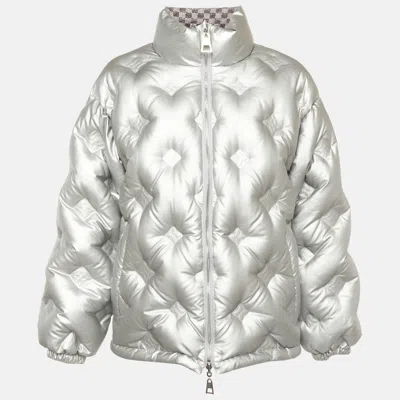 Pre-owned Louis Vuitton Metallic Grey Logo Embossed Cotton Reversible Down Jacket S In Gray