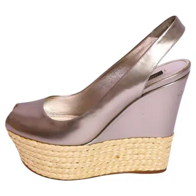 Pre-owned Louis Vuitton Metallic Leather Raffia Platform Wedge - Eu 36 In Sand