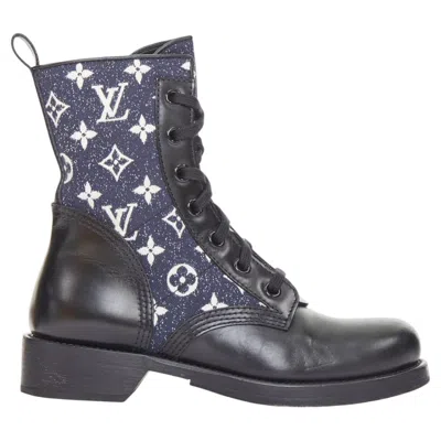 Pre-owned Louis Vuitton Metropolis Denim Monogram Flat Ranger Combat Boots Eu38 Us8 In Gray