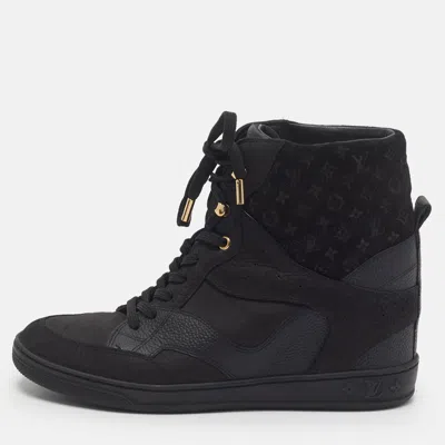Pre-owned Louis Vuitton Millenium Size 38.5 Black Nubuck Leather And Monogram Suede Wedge Sneakers