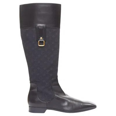Pre-owned Louis Vuitton Mini Lin Black Monogram Canvas Saure Toe Riding Boots Eu37.5