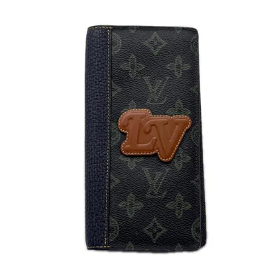 Pre-owned Louis Vuitton Monogram Brown Green Navy Coated Canvas Leather Long Wallet (bi-fold) () In Brown, Green, Navy