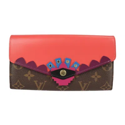 Pre-owned Louis Vuitton Monogram Brown Red Orange Leather Long Wallet (bi-fold) () In Brown, Red Orange