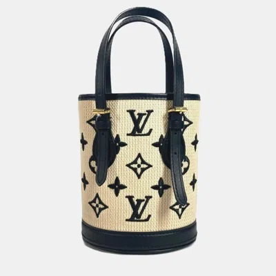 Pre-owned Louis Vuitton Monogram By The Pool Nano Bucket Bag Shoulder Crossbody Handbag Cotton Leather Noir Beige In Sand