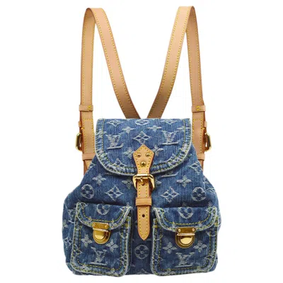 Pre-owned Louis Vuitton Monogram Denim Logo Gold Tan Leather Backpack Shoulder Bag In Brown