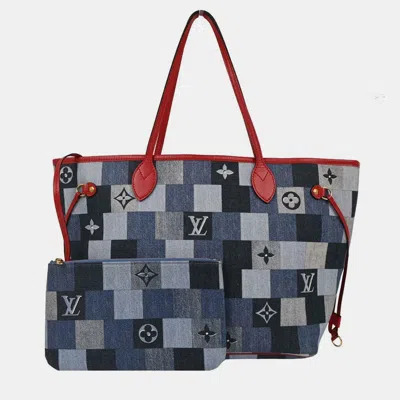 Pre-owned Louis Vuitton Monogram Denim Neverfull Mm Shoulder Tote Bag M44981 Ar5109 In Blue