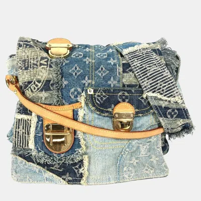 Pre-owned Louis Vuitton Monogram Denim Patchwork Posty Bag Flap Crossbody Messenger Shoulder Canvas Blue
