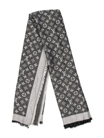 Pre-owned Louis Vuitton Monogram Denim Silk/wool Shawl Silk Shawl In Black