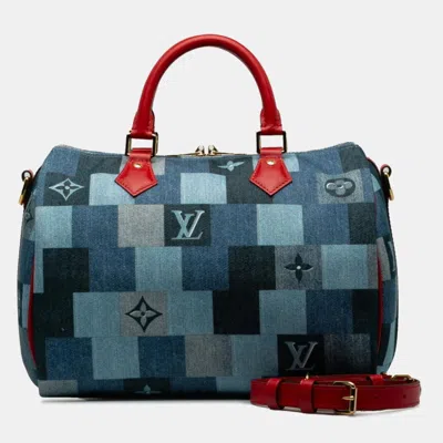 Pre-owned Louis Vuitton Monogram Denim Speedy Bandouliere 30 Square Patchwork Shoulder Bag In Blue