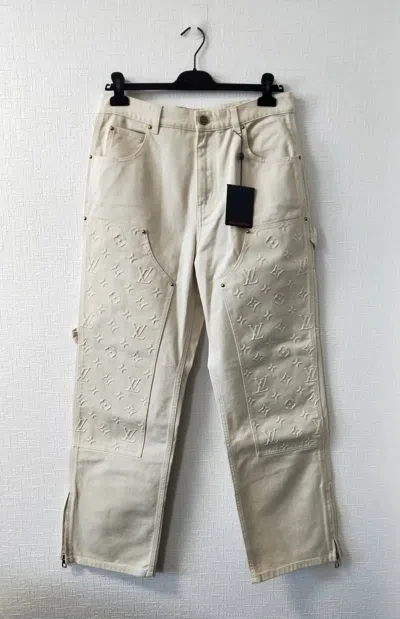 Pre-owned Louis Vuitton Monogram Detail Carpenter Denim Pants In White