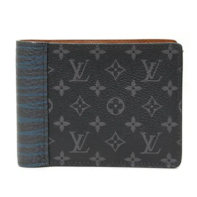 Pre-owned Louis Vuitton Monogram Eclipse Black Blue Monogram Eclipse Leather Wallet (bi-fold) () In Multi