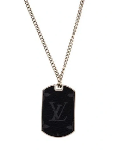 Pre-owned Louis Vuitton Monogram Eclipse Plate Necklace, 25.5" In Black