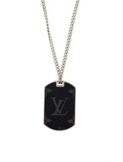 Pre-owned Louis Vuitton Monogram Eclipse Plate Necklace, 25.5" In Black