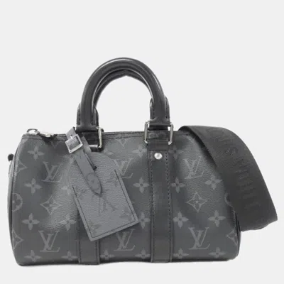 Pre-owned Louis Vuitton Monogram Eclipse Reverse Keepall Bandouliere 25cm Boston Bag In Black