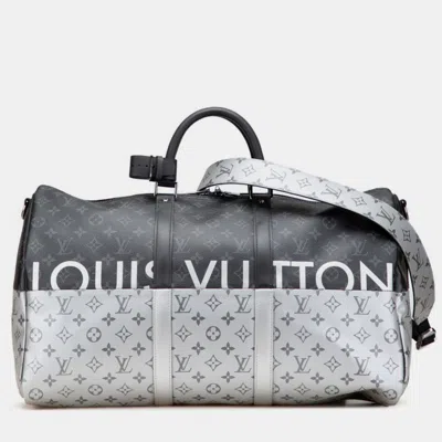Pre-owned Louis Vuitton Monogram Eclipse Split Keepall Bandouliere 50 Boston/shoulder Bag Silver Black Pvc And Leather