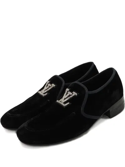 Pre-owned Louis Vuitton Monogram-embroidered Velvet Loafers In Black