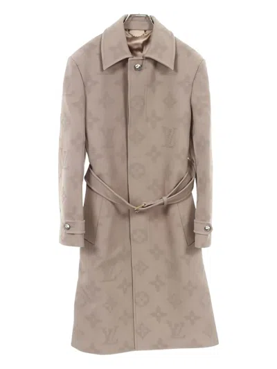 Pre-owned Louis Vuitton Monogram Embroidery Belted Raincoat In Neutral