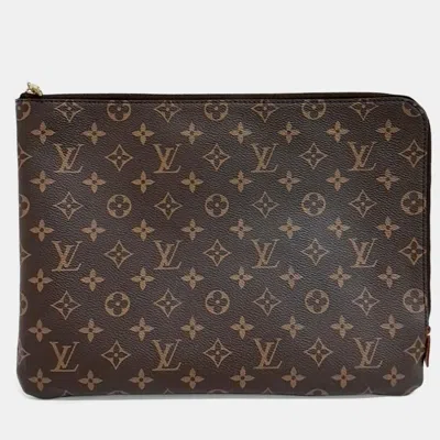 Pre-owned Louis Vuitton Monogram Etu Voyage Mm Brown Coated Canvas Wallet