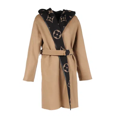 Pre-owned Louis Vuitton Monogram Giant Hooded Wrap Coat Gown Coat Wool Silk Light Brown