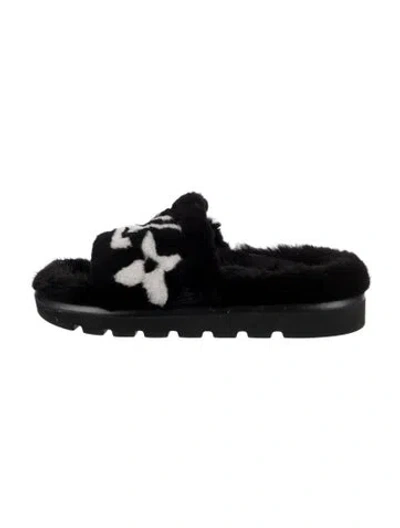 Pre-owned Louis Vuitton Monogram Giant Pattern Fur Slides In Black