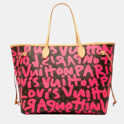 Pre-owned Louis Vuitton Monogram Graffiti Neverfull Gm Tote Bag/shoulder Bag Fuchsia Pink Brown Leather