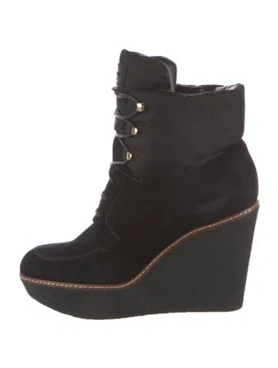 Pre-owned Louis Vuitton Monogram Idylle Pattern Suede Lace-up Boots In Black