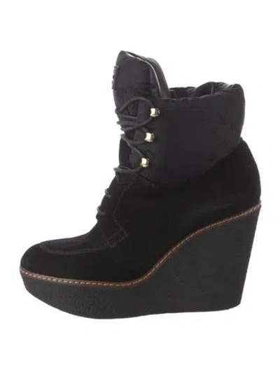 Pre-owned Louis Vuitton Monogram Idylle Pattern Suede Lace-up Boots In Black